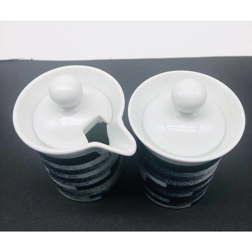 DANSK Radia INDIGO Sugar & Creamer With Lids 2 Mugs Cups Blue White Coffee A1 - Picture 3 of 8